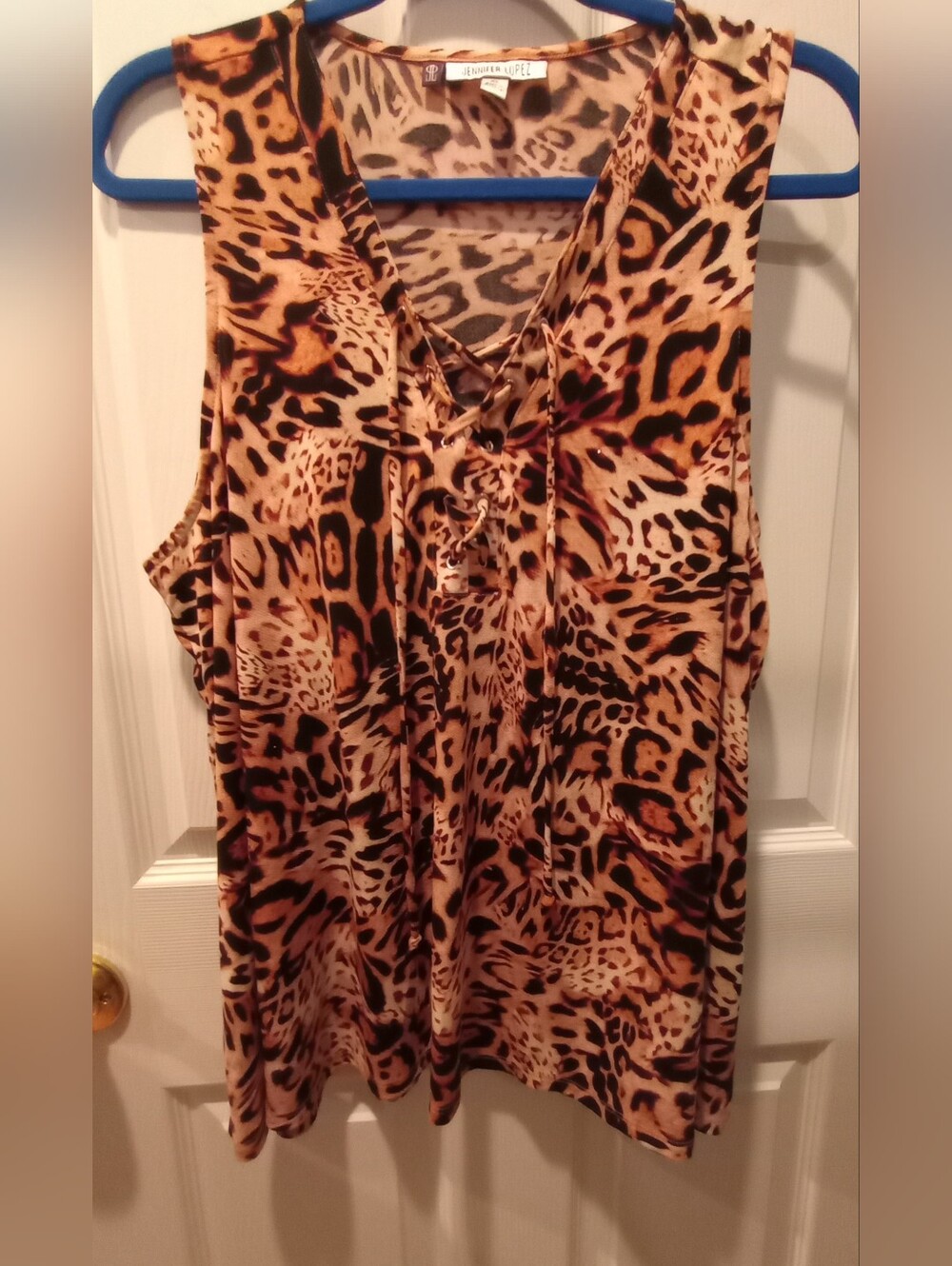 Jennifer Lopez Leopard-Print Lace-Up Sleeveless Top in Tan and Black